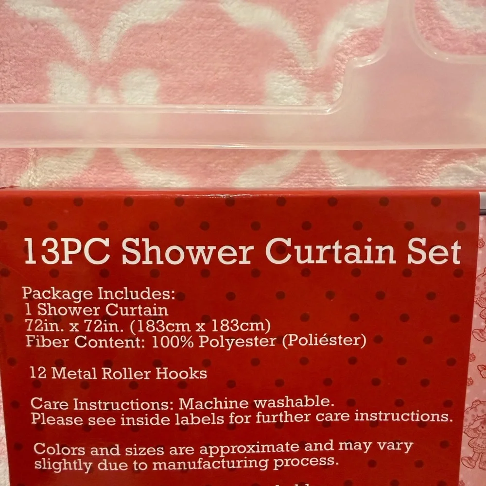 Strawberry Shortcake Pink Shower Curtain Set with Metal Roller Hooks